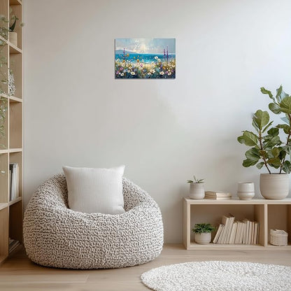 TutuBeer 1 Pcs Boho Beach Coastal Vintage Floral Wall Picture Rustic Wildflower Field Vintage Wall Art Canvas Prints Daisy Flowers Sea Canvas Print Farmhouse Wall Art for Home Wall Decor 30x40inch
