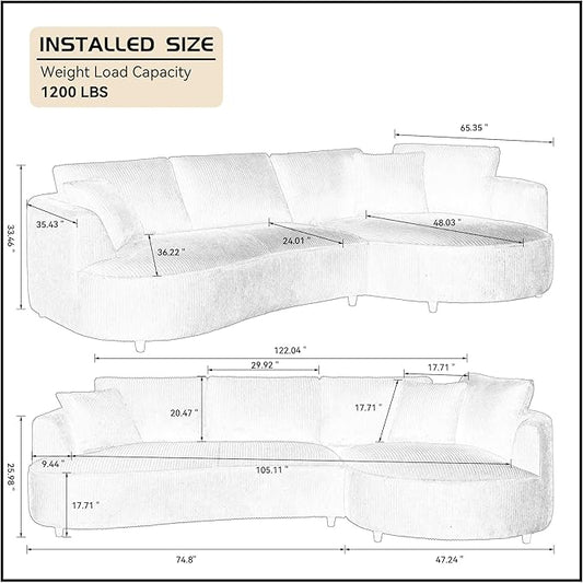 WILLIAMSPACE 122" Modern Curved Sofa Couch, Upholstery Oversized Cloud Sofa with Chaise & Pillows, Right Hand Facing Sectional Couch for Living Room (Right-Facing,White Corduroy)