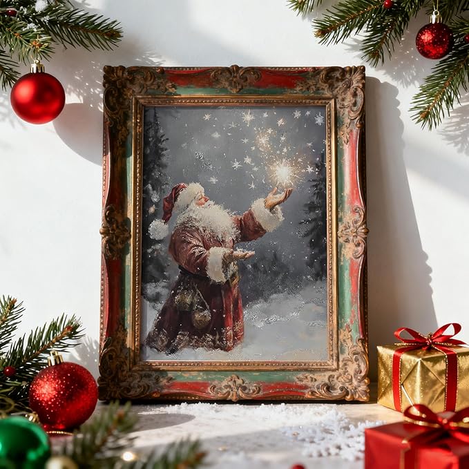 Vintage Christmas Wall Art Prints – Winter Holiday Posters with Santa, Snowy Village, Reindeer & Forest Scene, Rustic Christmas Decorations for Living Room, Bedroom & Fireplace – 8×10 Unframed