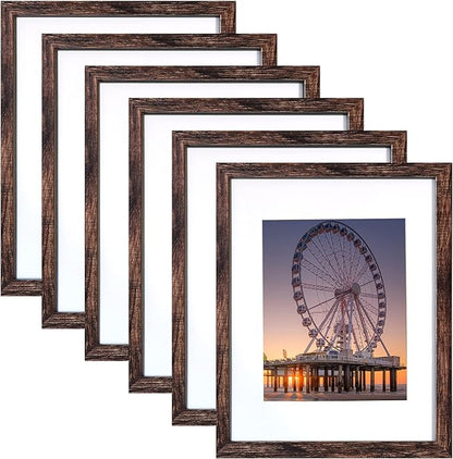 BESCRCL 11x14 Picture Frame Brown Set of 6, Display Pictures 8x10 with Mat or 11x14 without Mat, Photo Frames for Wall Mounting