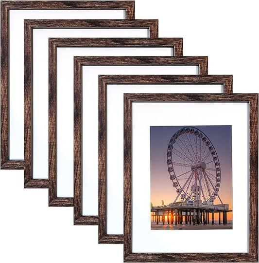 BESCRCL 11x14 Picture Frame Brown Set of 6, Display Pictures 8x10 with Mat or 11x14 without Mat, Photo Frames for Wall Mounting