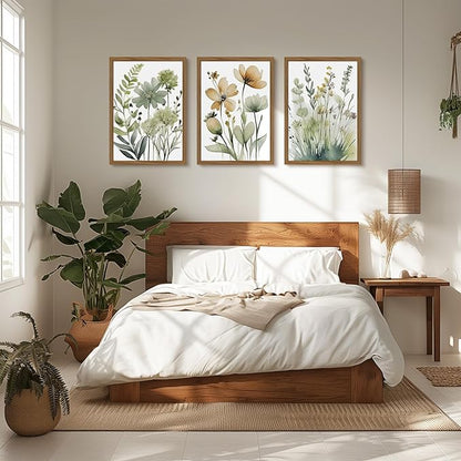 Sage Green Botanical Wall Art Boho Floral Wall Decor Minimalist Plant Canvas Pictures Flower Botanical Prints Watercolor Wildflower Poster Painting for Bathroom Bedroom 12x16x3 Inch Wood Frame