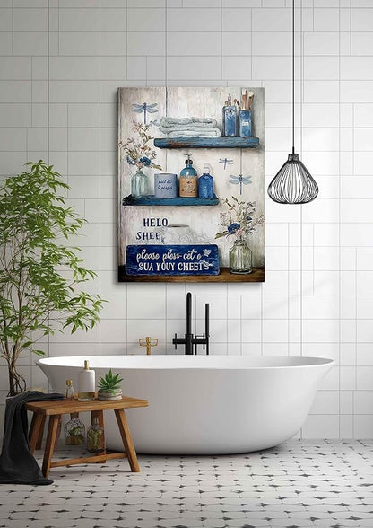Navy Blue Bathroom Decor Wall Art Rustic Blue Bathroom Canvas Wall Decor Please Seat Yourself Sign Print Painting Vintage Aesthetic Picture Artwork Decor 12x16 Inches