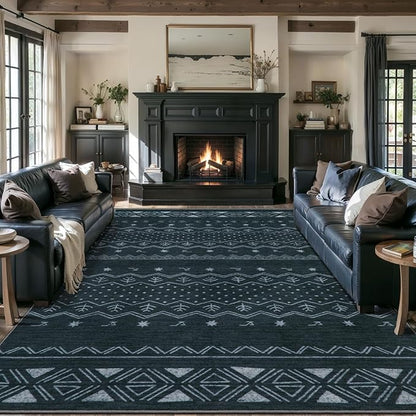 SERISSA 9x12 Area Rugs for Living Room, Washable Non-Slip Grey Boho Rug, Soft Low-Pile Geometric Indoor Large Carpet for Dining Room Bedroom Home Office Playroom