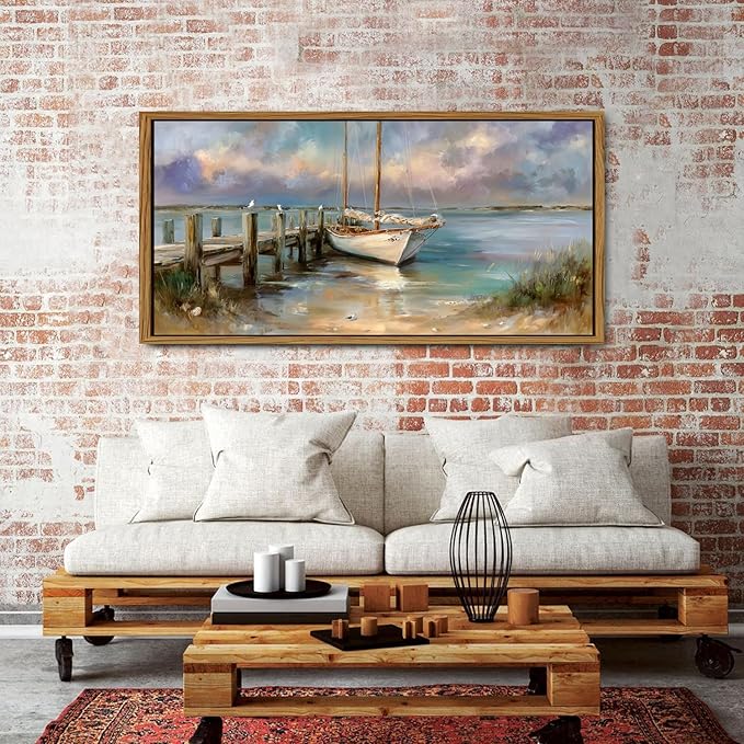 Abstract Ocean Framed Wall Art Coastal Room Decor Rustic Beach Rowboat Landscape Picture Canvas Prints for Living Room Cottagecore Decor Seaside Poster Sea View Painting Artwork Home Decoration 30x57.8"