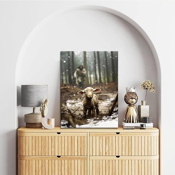 Jesus Christian Wall Art, Jesus Saves the Lost Lamb Canvas Wall Decor, Religion Canvas Art Wall Decor Posters Paintings Prints for Living Room, Bedroom, Prayer Room, Framed 12x16 inch