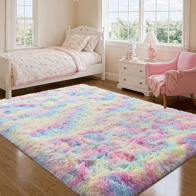 qulint 4x6 Area Rug for Bedroom, Fluffy Soft Colorful Girl Rug for Kids Room, Small Fuzzy Plush Nursery Rugs Shaggy Carpets for Living Room Dorm Classroom Home Decor (4ft x 6ft, Rainbow)
