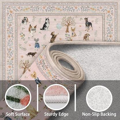 Pink Living Room Rugs 5x7, Dogs Area Rugs for Bedroom Ultra-Thin Soft, Non-Slip Washable Rugs Stain Resistant Boho Rug Low-Pile Throw Rug for Dining Room Office (5 x 7, Pink)