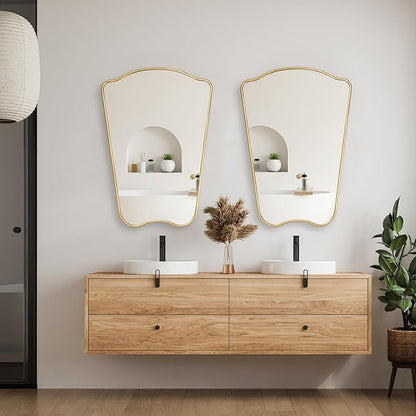 PERFNIQUE Gold Bathroom Mirror Irregular Wall Mirror, 32'' x 23'' Wood Framed Mirror, Decorative Vintage Mirror, Modern Vanity Mirror for Over Sink Bathroom Living Room Entryway, Modern Wall Decor