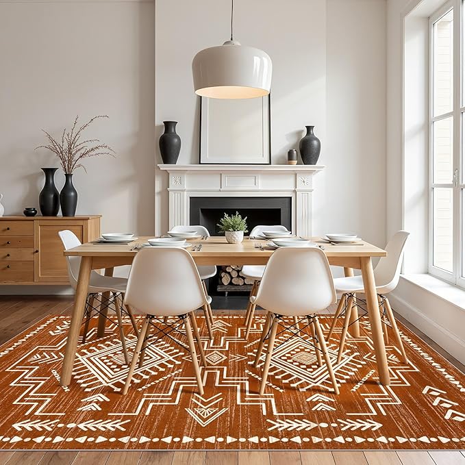 Joydeco Moroccan Washable 8x10 Rugs for Living Room, Western Burnt Orange Large Area Rug for Bedroom Dining Room, Soft Stain Resistant Aztec Carpet Fall Rug for Guestroom Office Playroom