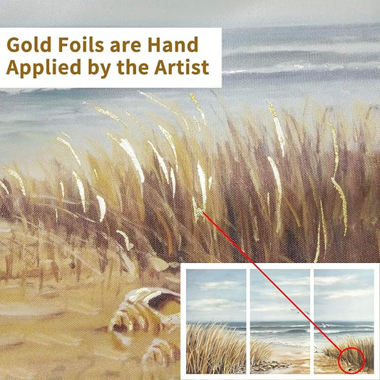 Hardy Gallery Abstract Beach Painting Wall Art: Seashore Artwork Hand Painted Coastal Picture on Canvas for Office (20'' x 34'' x 3 Panels)