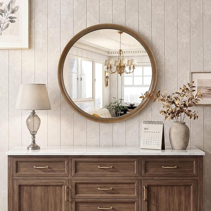Brakki Round Wall Mirror with Wood Frame, 28 inch Circle Mirror for Bathroom Bedroom Entryway Vanity Living Room, HD Shatterproof Glass, Wall Mounted Decor, Hanging or Leaning, Walnut