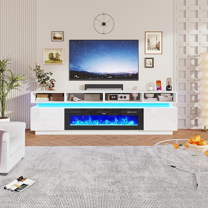 chartustriable Fireplace TV Stand for 100" TV, 93" LED Entertainment Center with 50" Fireplace & Power Outlets, High Gloss TV Stand, Gaming TV Media Console for Living Room, 93 Inch, White