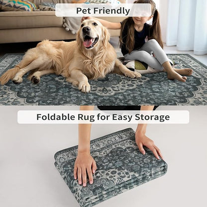 Tangsoo Vintage 2x3 Small Area Rug for Entryway,Washable Non-Slip Rubber Backing Indoor Mat,Grey Green Soft Low Pile Front Door Carpet for Bedroom Front Porch Entrance Kitchen