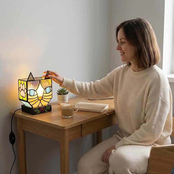 Stained Glass Cat Lamp, Tiffany Style Table Lamp with 24H Cycle Timer, Small Table Lamp with Dimmable Timing Function, Cat Gifts for Women,Cat Lovers,Cat Remembrance Gifts