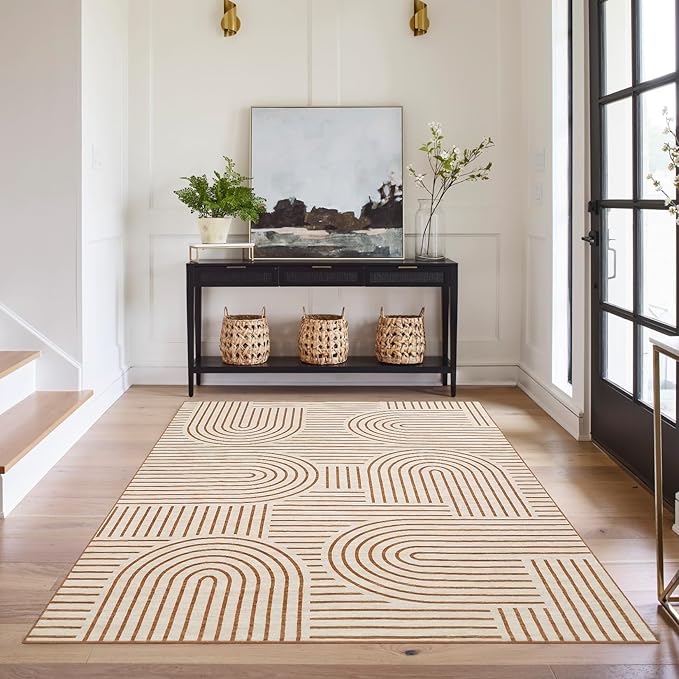 ROYHOME Washable Rug 5x7 Area Rugs for Living Room, Abstract Rug for Bedroom, Soft Rainbow Non Slip Throw Rugs with Rubber Back, Low Pile Stain Resistant Boho Geometric Carpet for Dining Room,Orange