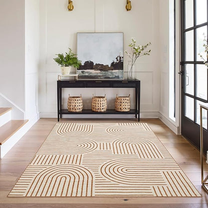 ROYHOME Washable Rug 5x7 Area Rugs for Living Room, Abstract Rug for Bedroom, Soft Rainbow Non Slip Throw Rugs with Rubber Back, Low Pile Stain Resistant Boho Geometric Carpet for Dining Room,Orange