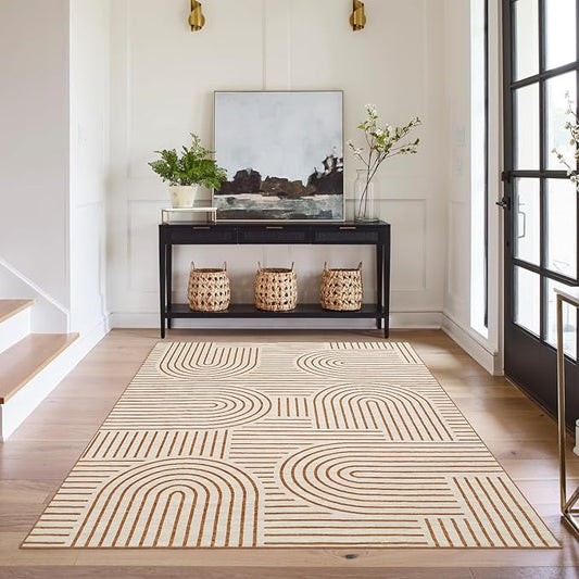ROYHOME Washable Rug 5x7 Area Rugs for Living Room, Abstract Rug for Bedroom, Soft Rainbow Non Slip Throw Rugs with Rubber Back, Low Pile Stain Resistant Boho Geometric Carpet for Dining Room,Orange