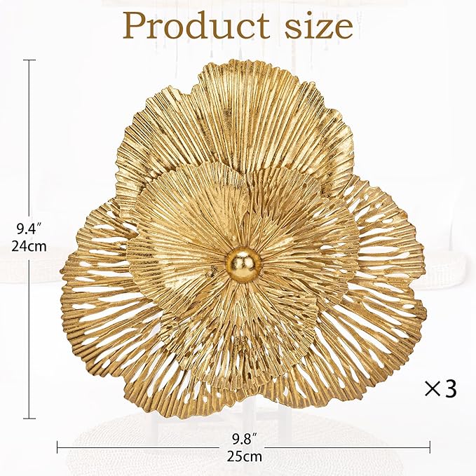 DILATATA 3 Pcs Metal Flower Wall Art Set 10 Inch Rustic Modern Floral Sculpture 3D Metal Flower Wall Hanging Accent for Indoor Living Room Bedroom Kitchen Bathroom Garden Patio Decor - Gold