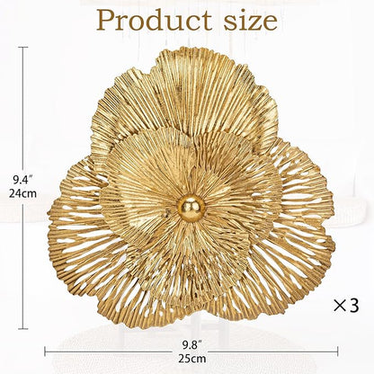 DILATATA 3 Pcs Metal Flower Wall Art Set 10 Inch Rustic Modern Floral Sculpture 3D Metal Flower Wall Hanging Accent for Indoor Living Room Bedroom Kitchen Bathroom Garden Patio Decor - Gold