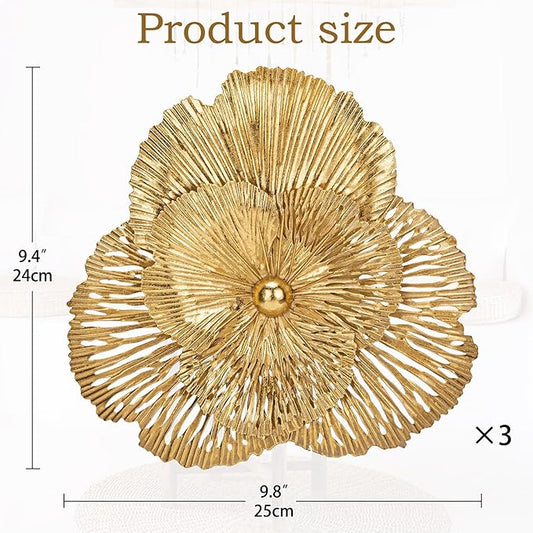 DILATATA 3 Pcs Metal Flower Wall Art Set 10 Inch Rustic Modern Floral Sculpture 3D Metal Flower Wall Hanging Accent for Indoor Living Room Bedroom Kitchen Bathroom Garden Patio Decor - Gold