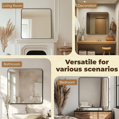 Antok 36x36 Black Metal Framed Bathroom Mirror, Wall Mirror with Round Corners, Vanity Mirror for Over Sink, Anti-Rust Tempered Glass, Horizontal/Vertical Hanging for Bathroom, Living Room, Entryway
