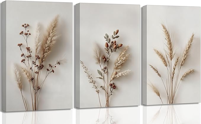 3Pcs Beige Neutral Floral Botanical Canvas Wall Art Modern Minimalist Beige Flower Plant Painting Wall Decor Poster Print Artwork for Living Room Bedroom Bathroom Home Decortion