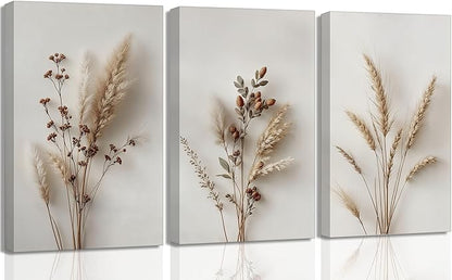 3Pcs Beige Neutral Floral Botanical Canvas Wall Art Modern Minimalist Beige Flower Plant Painting Wall Decor Poster Print Artwork for Living Room Bedroom Bathroom Home Decortion