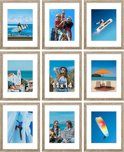 Vittanly 11x14 Picture Frames Set of 9, Display 8x10 Pictures with Mat or 11x14 without Mat, Photo Frames for Wall or Tabletop with Plexiglass, Engineered Wood, Light Wood