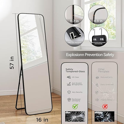 SCWF-GZ 57x16 Door Hanging Full Length Mirror, Floor Stand (Height 5.7ft just Body in1.3ft) Wall Mounted Metal Frame Rectangle Dressing Mirrors for Bedroom Bathroom Room 57 inch Black