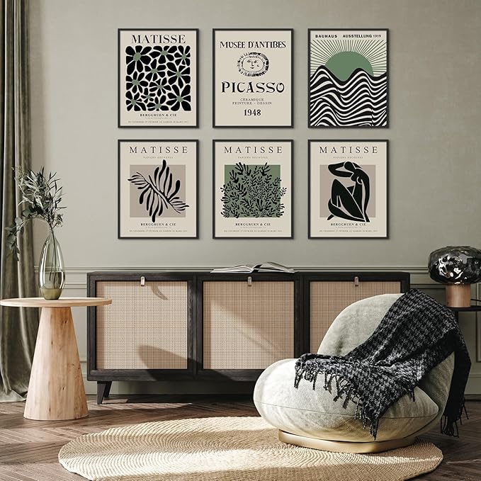 Habseligkeit Green Matisse Posters for Room,Minimalist Abstract Line Wall Poster, Retro Room Decor Aesthetic Vintage Prints for Wall Decor Unframed, 8x10in, Set of 6