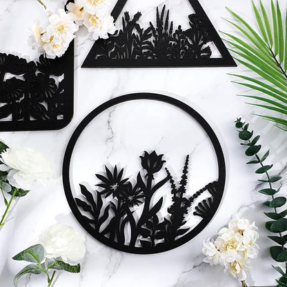 Blulu 3 Pieces Wall Art Wood Wall Pediments Sacred Boho Art Wooden Floral Decor Minimalist Floral Hanging Flower Artwork for Home Dining Room(10 Inch,Dark Black)