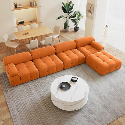 138'' Modular Sectional Couch, L-Shaped Velvet Sofa with Reversible Chaise Ottoman, Minimalist Bubble Couch, Modern Cloud Sectional Couches for Living Room, Apartment (4 Seats, 1 Ottoman, Orange)