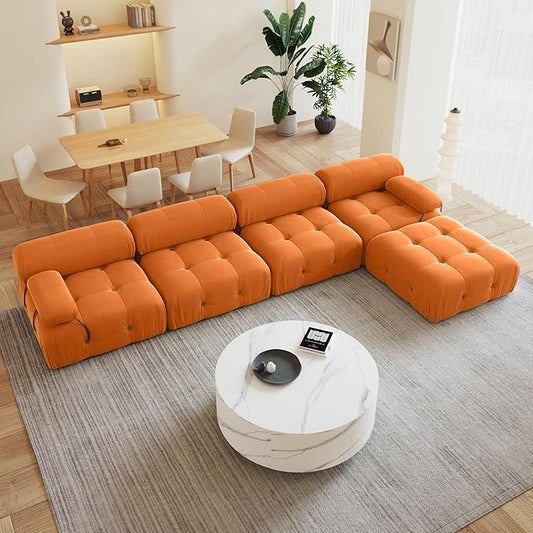 138'' Modular Sectional Couch, L-Shaped Velvet Sofa with Reversible Chaise Ottoman, Minimalist Bubble Couch, Modern Cloud Sectional Couches for Living Room, Apartment (4 Seats, 1 Ottoman, Orange)