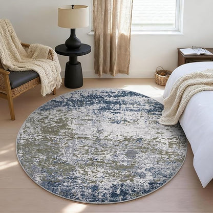 ROYHOME Modern Abstract 6x6 Round Area Rug Non Slip Non Shedding Rug Low Pile Stain Resistant for Bedroom Living Room Office Dining Room,Navy