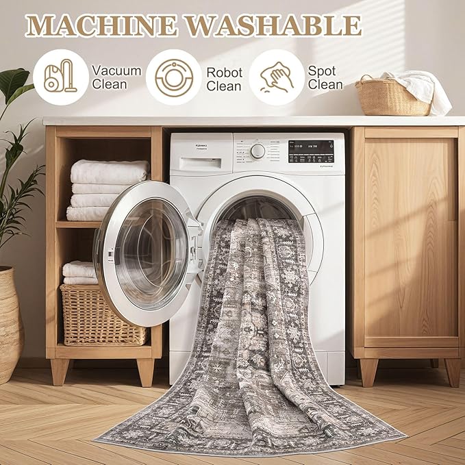 Area Rug 5x8 Washable Vintage - Soft Traditional Rugs for Living Room Large Non Slip Backing with Low Pile Farmhouse Oriental Retro Carpet for Bedroom Dining Room or Home Office - Dark Brown