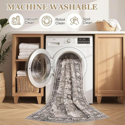 Area Rug 7x9 Washable Vintage - Soft Traditional Rugs for Living Room Large Non Slip Backing with Low Pile Farmhouse Oriental Retro Carpet for Bedroom Dining Room or Home Office - Dark Brown