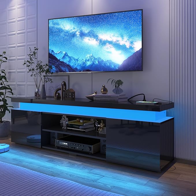 Hlivelood LED TV Stand for 75 Inch TV, Modern TV Stand with Power Outlet, High Gloss TV Console Entertainment Center with Storage and LED Lights for Living Room, Bedroom (66 Inch, Black)