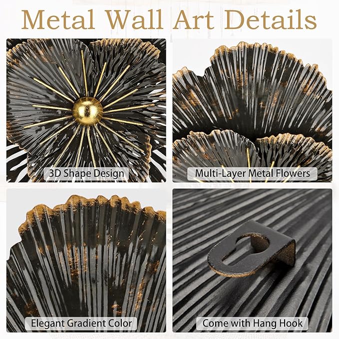 DILATATA 3 Pcs Metal Flower Wall Art Set 10 Inch Rustic Modern Floral Sculpture 3D Metal Flower Wall Hanging Accent for Indoor Living Room Bedroom Kitchen Bathroom Garden Patio Decor - Black