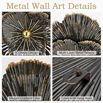 DILATATA 3 Pcs Metal Flower Wall Art Set 10 Inch Rustic Modern Floral Sculpture 3D Metal Flower Wall Hanging Accent for Indoor Living Room Bedroom Kitchen Bathroom Garden Patio Decor - Black