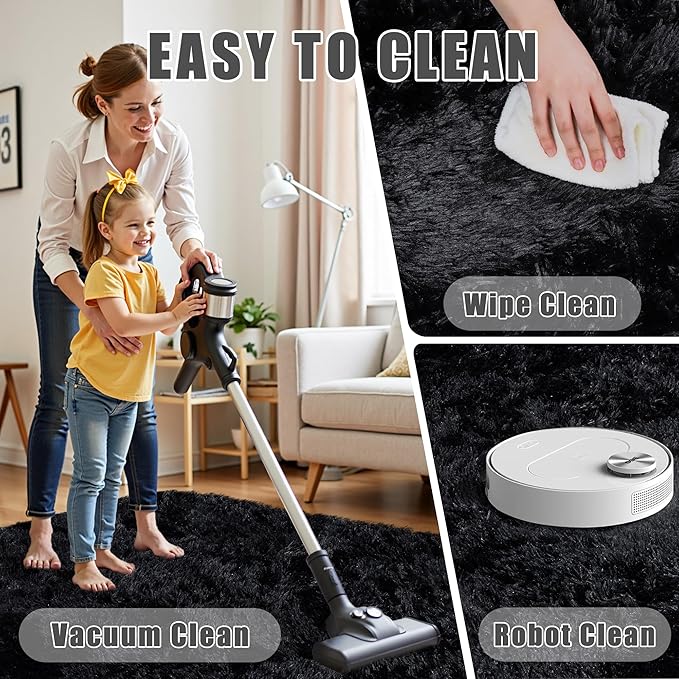 6x9 Area Rug for Living Room:Ultra Soft Fluffy Shag Black Rugs,Large Fuzzy Plush Indoor Non Slip Carpet Washable Rug for Bedroom Kids Nursery Office Dorm Modern Decor(Black 6'x9')