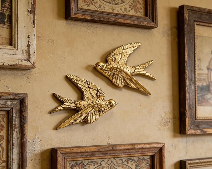 AMOIENSIS Bird Wall Sculpture Art, (Set of 2) 4¾ inch Resin Gold Bird 3D Sculpted Floating Hanging Wall Sculpture Decoration