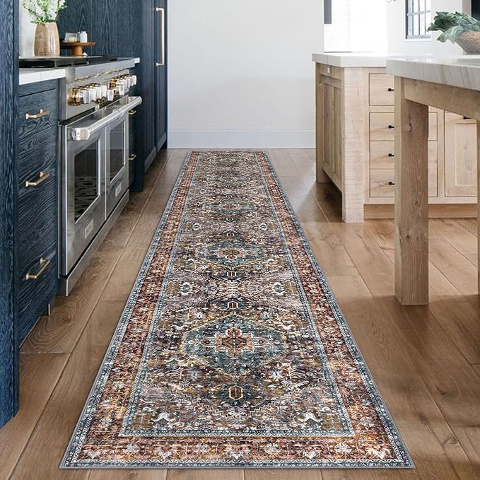 KOZYFLY Runners for Hallways 2x12 Ft Washable Kitchen Runner Rug Boho Long Runner for Entryway Indoor Printed Faux Wool Carpet for Bedroom Kitchen Hall, Brick Red/Orange/Green