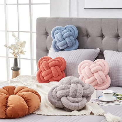 Knot Pillow, 12" Soft Decorative Throw Pillows for Couch Bed, Gray Pink Knotted Plush Throw Pillow Handmade Square Cushion Home Decor Pillows (Blue, 12 Inches X12 Inches)