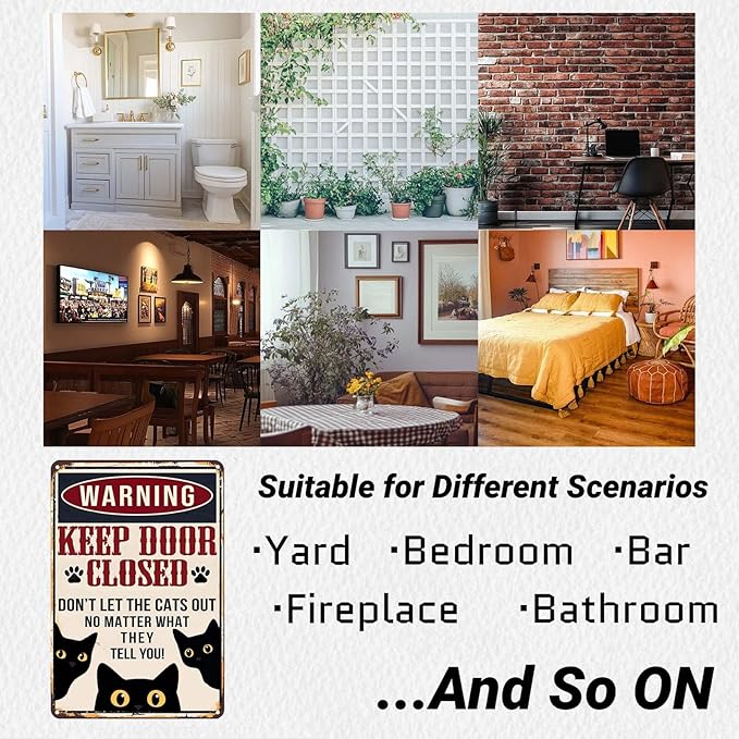 Metal Sign Funny Black Cat Keep Door Closed Vintage Signs Retro Aluminum Tin Sign for Kitchen Office Home Bar Cafe Wall Decor 8x12 Inch