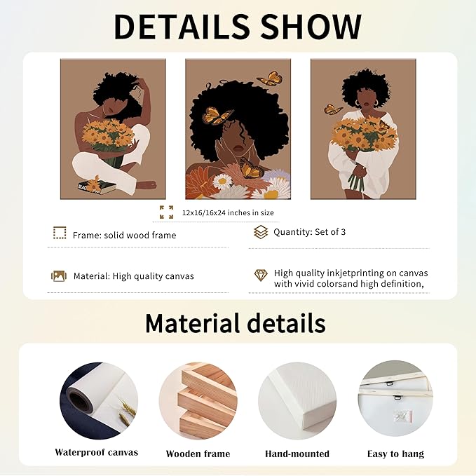 Black Woman Canvas Wall Art Set of 3 - Boho Black Girl Sunflower Posters African American Pictures Fashion Flower Art Prints for Nordic Minimalist Room Bedroom Wall Decor 12”x16”x3 Framed