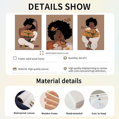 Black Woman Canvas Wall Art Set of 3 - Boho Black Girl Sunflower Posters African American Pictures Fashion Flower Art Prints for Nordic Minimalist Room Bedroom Wall Decor 12”x16”x3 Framed