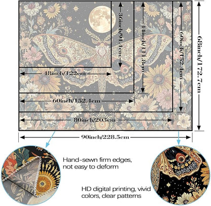 Leeisysme Hippie Moth Butterfly Moon Tapestry, Aesthetic Witchy Floral Moth Wall Art for Living Room Bedroom Home Decor, 44x60 inches