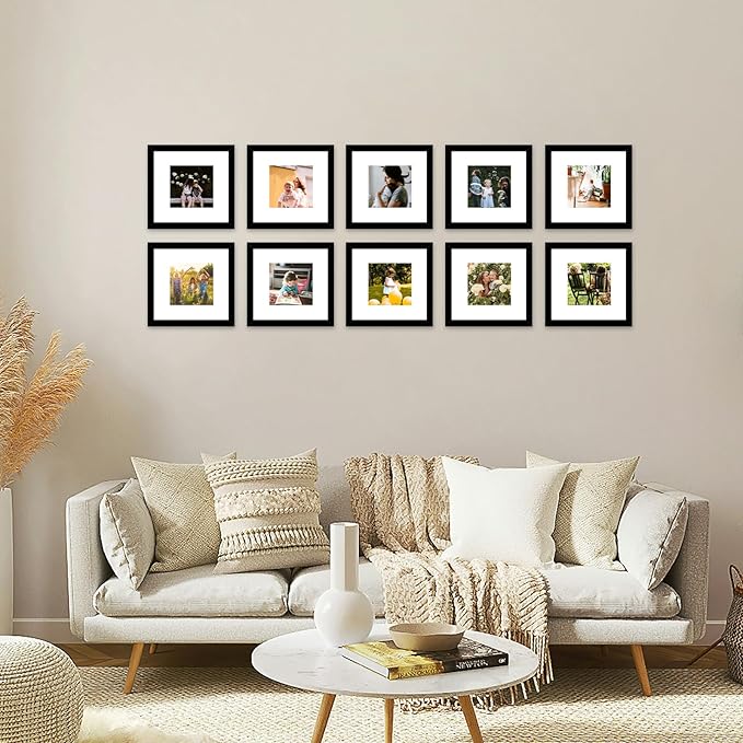 JCJMY 10 Packs 8x8 Picture Frames, Display 5x5 with Mat or 8x8 without Mat, Square 8 by 8 Frames Bulk Set of 10 Collage Wall Decor Photo Frames Set for Wall and Tabletop, Black