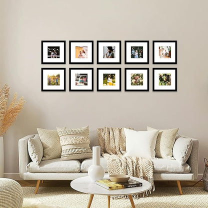 JCJMY 10 Packs 8x8 Picture Frames, Display 5x5 with Mat or 8x8 without Mat, Square 8 by 8 Frames Bulk Set of 10 Collage Wall Decor Photo Frames Set for Wall and Tabletop, Black